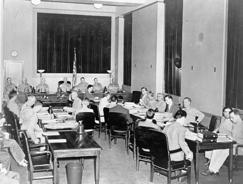 What was the goal of Operation Pastorius, a failed German intelligence operation during World War II? (Photo depicts the trial of captured German agents.)