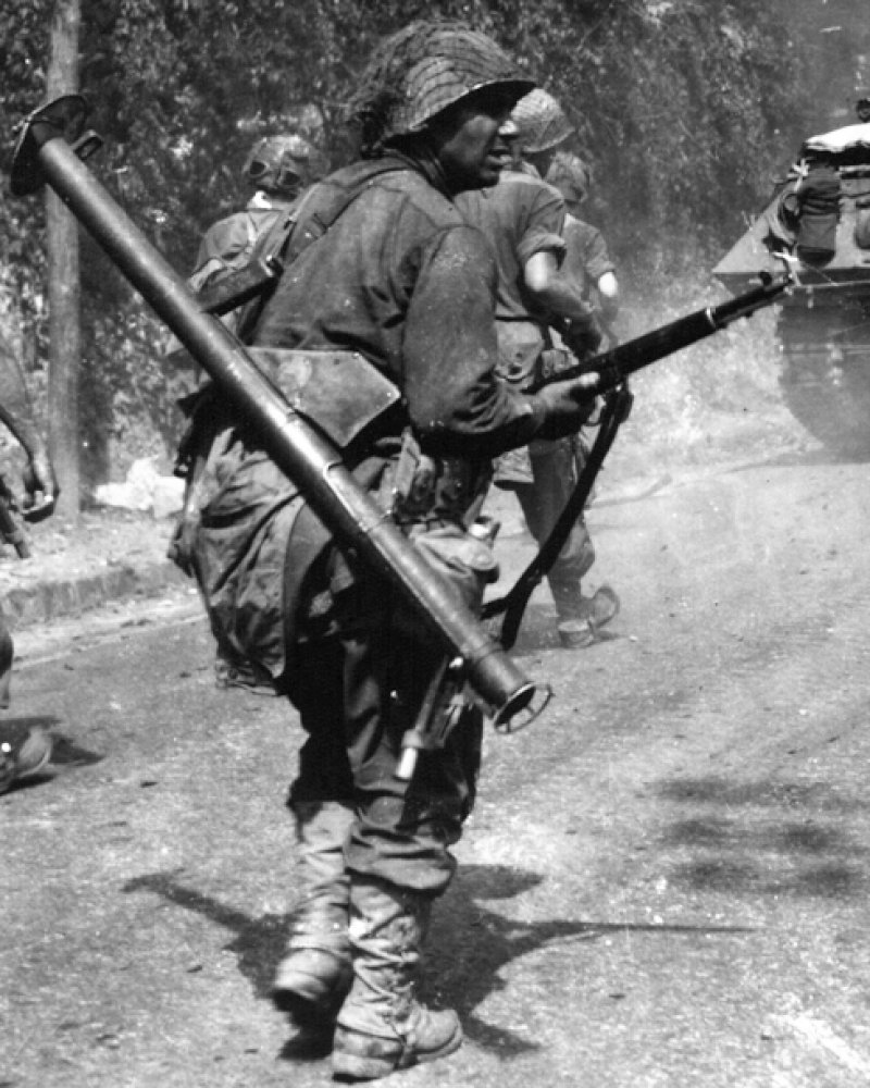 When was the famous bazooka rocket launcher first issued to combat troops?